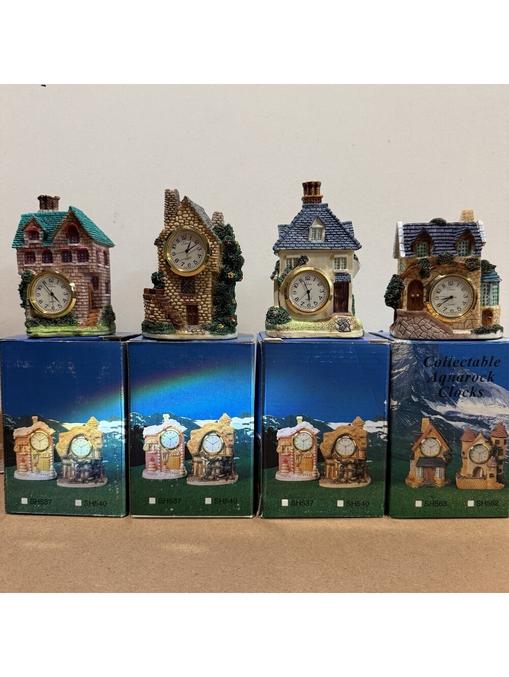 Vintage Aquarock Clocks Miniature Resin House Clock Collection Lot of 4 W/ Box